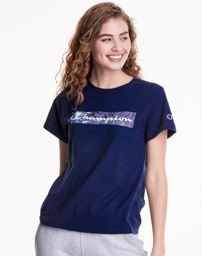 Champion Classic Jersey Liquid Filled Block With Script Logo T-Shirt Dames - Donkerblauw - Belgie 20